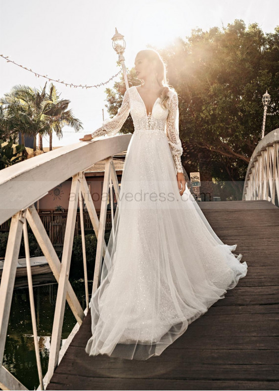 Bling Bling Long Sleeve Ivory Sequined Lace Tulle Boho Wedding Dress Bling Bling Long Sleeve Ivory Sequined Lace Tulle Boho Wedding Dress